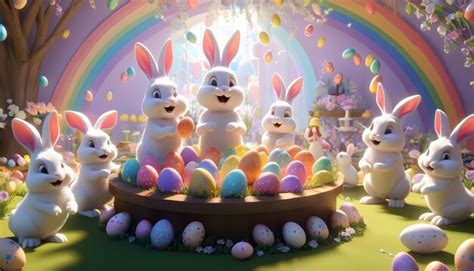 Premium Photo | Bunnies host a joyous celebration eggs flowers and rainbows adorning this 3d ...