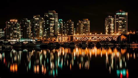 Bright city lights reflect on waterfront skyline generated by AI ...