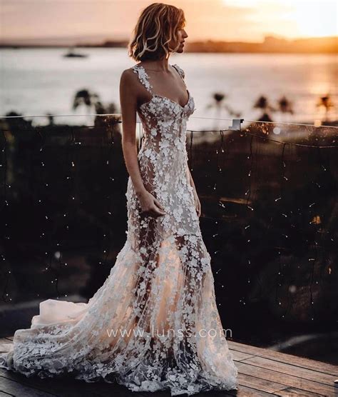 Sexy Sheer 3d Floral Mermaid Tail Beach Wedding Dress - Lunss