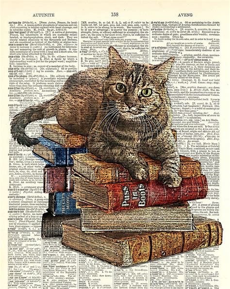 Cat on Book Stack. Kitty Classics Print Has the Look of an Ink - Etsy ...