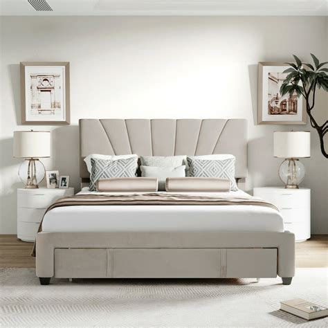 Queen Bed Frame, 2021 Upgraded Velvet Upholstered Platform Bed with Headboard and Drawer, Modern ...