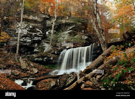 Autumn waterfalls in park with colorful foliage Stock Photo - Alamy