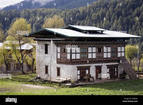 A sturdy traditional Bhutanese-style house in the Chhume Valley of ...