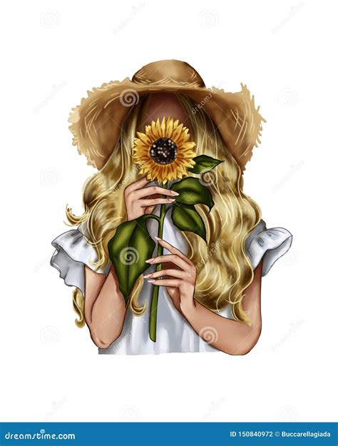 Fashion Illustration - Girl Holding a Sunflower - Woman Portrait Stock ...