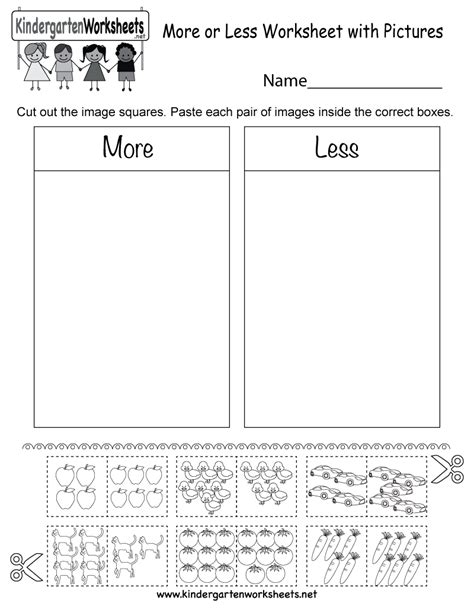 Kindergarten More or Less Worksheet with Pictures Printable | Kindergarten math, Kindergarten ...