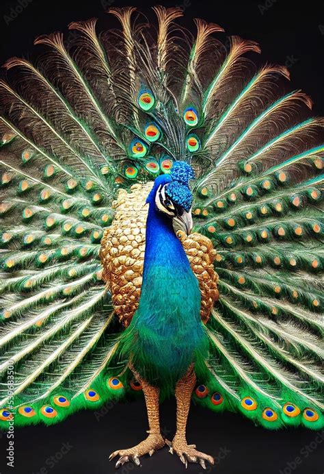 Hyper-realistic digital art of a fantasy peacock with open feathers on a black background Stock ...