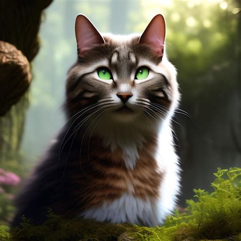 Premium Photo | A cat with green eyes is in a forest with a tree in the background.