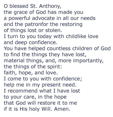 St Anthony Prayer for lost things. Patron saint of lost things