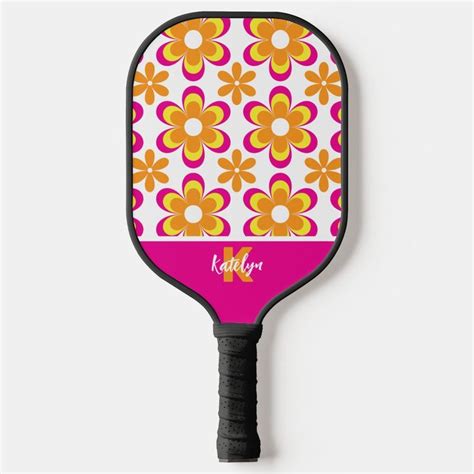 Monogram Pink Orange Groovy Flowers Pickleball Paddle | Zazzle in 2022 ...