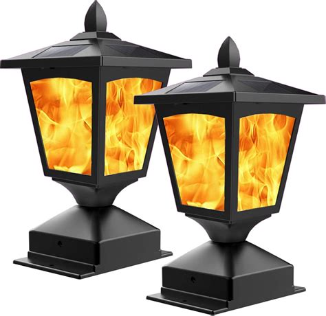 Solar Post Flame Light, Outdoor Deck Fence Post Cap Top LED Light wih Flickering Flame ...