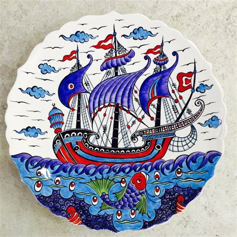 30 cm Hand Painted Ceramic Plate Amazing Ship Motif Waves and | Etsy ...