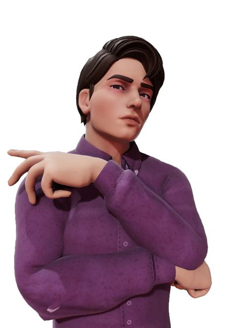 an animated man with his arms crossed in front of him, wearing a purple shirt