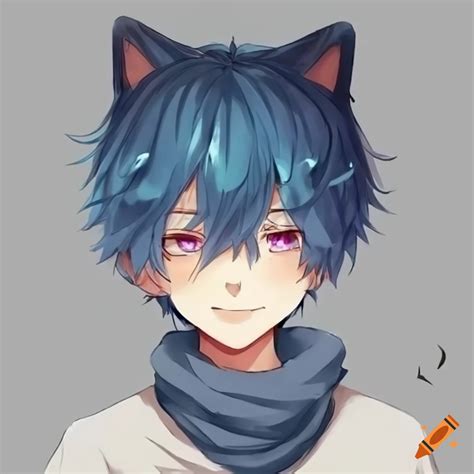 Anime illustration of a cat boy with blue hair on Craiyon