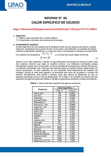 Informe Calor Especifico 02 - INFORME N° 06 CALOR ESPECIFICO DE SOLIDOS ...