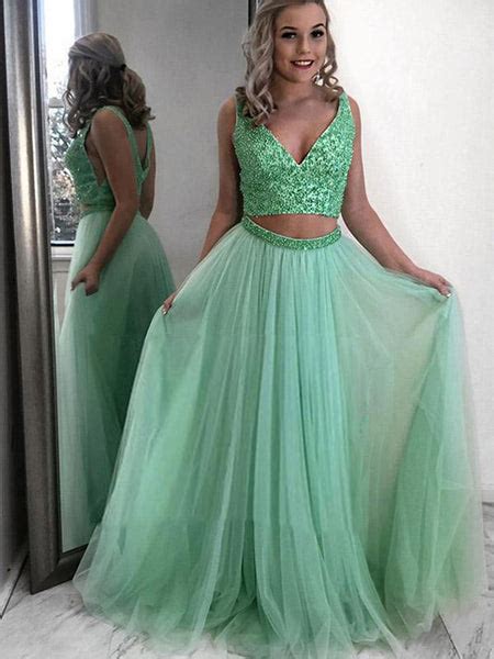 Mint Green A Line V Neck Two Piecee Beading Tulle Long Prom Dresses, T ...