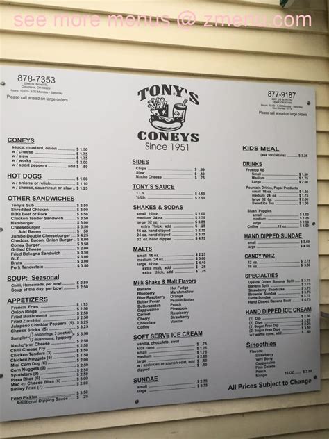 Online Menu of Tonys Coneys Restaurant, Columbus, Ohio, 43228 - Zmenu