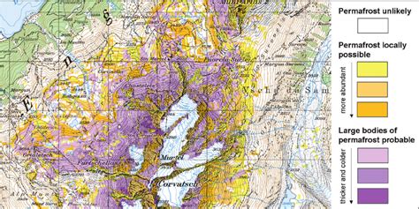 Potential permafrost distribution as shown by the new Swiss Permafrost... | Download Scientific ...