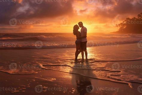 romantic couple silhouette on the beach at sunrise Generative AI ...