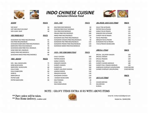 Menu at Indo chinese cuisine, Chennai