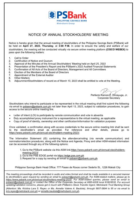 PSBank Notice of Annual Stockholders' Meeting 1/2