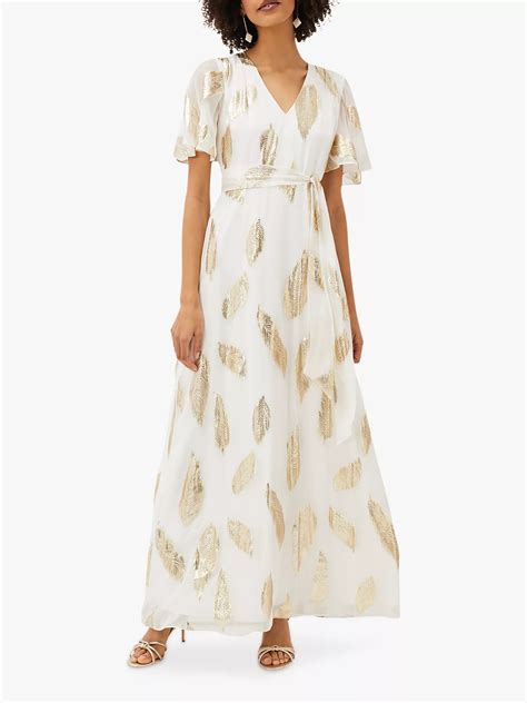 Phase Eight Larah Silk Blend Feather Print Maxi Dress, Pearl/Gold at ...