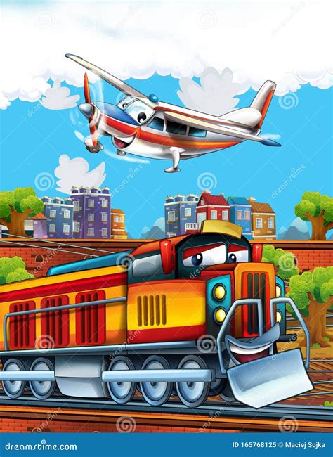 Cartoon Funny Look Train Wagon on Station Near the City and Flying Plane Stock Illustration ...