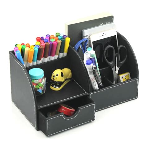 6 Blocks Holder PU Leather Office Desk Organizer Stationery Storage Box ...