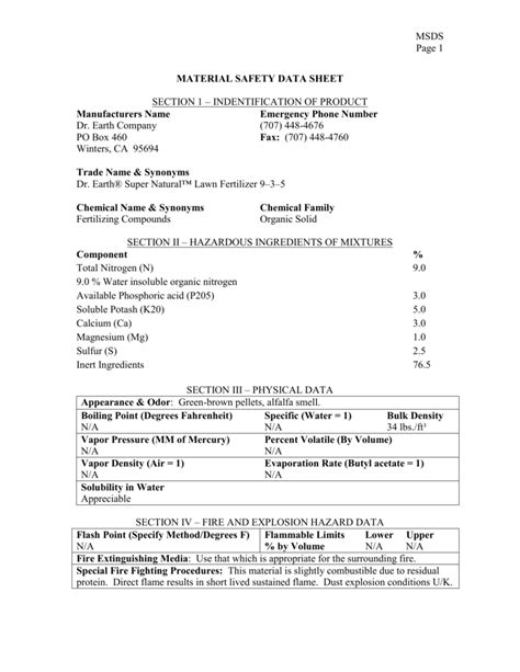 Super Natural Lawn Fertilizer MSDS Info-Sheet