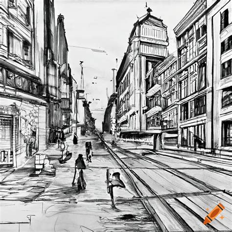 Sketch of a street in 2 point perspective on Craiyon