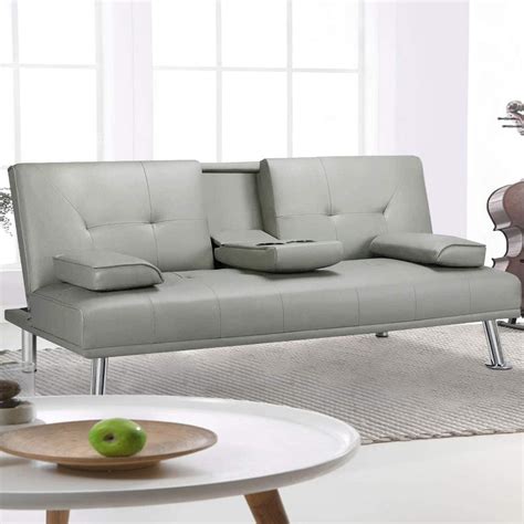 Faux Leather Futon Sofa Bed, SEGMART Modern Sofa Sleeper Bed with Armrest, Gray Convertible ...