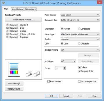 Selecting Default Print Settings - Epson Universal Print Driver - Windows