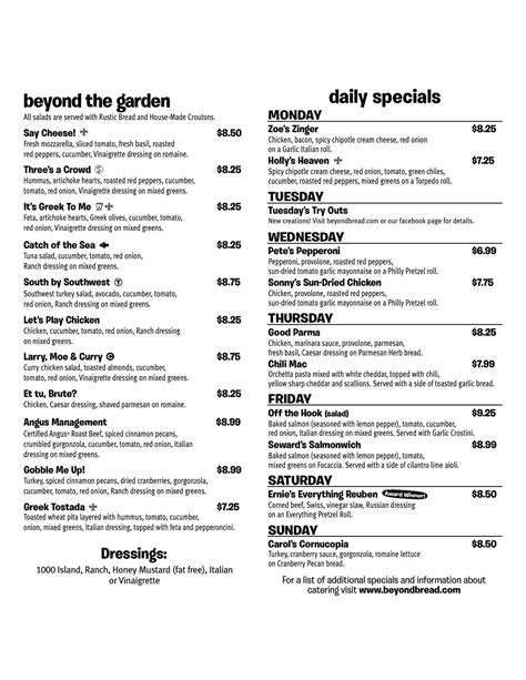 Menu at Beyond Bread cafe, Tucson, E Speedway Blvd