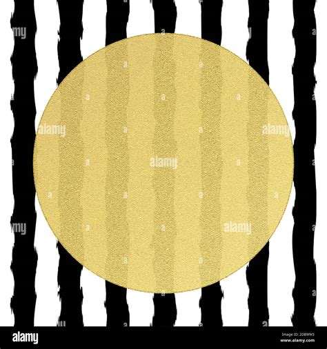 Golden round circle label with volume structure on black and white stripes background. EPS 10 ...