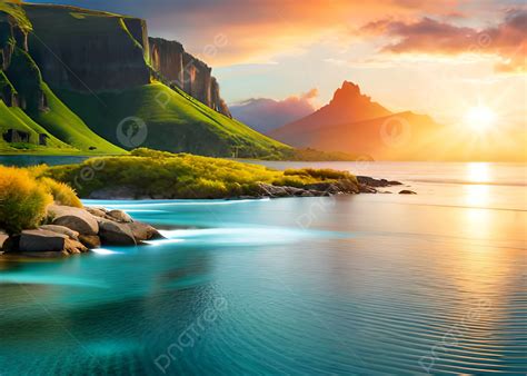 Beautiful Ocean Green Mountains Sunset Nature Wallpaper Background Ai, Wallpaper, Beautiful ...