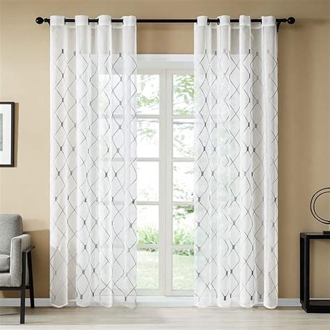 Topfinel White Voile Curtains 98 Drop 1 Panel Eyelet Grey Embroidered Tulle Curtain for ...