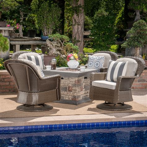 Alameda Outdoor 5 Piece Wicker Swivel Club Chairs with Gas Burning Fire Pit, Ceramic Gray ...