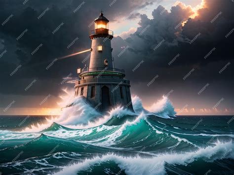 Premium Photo | A lighthouse in the ocean with a stormy sky and the sun shining on it.