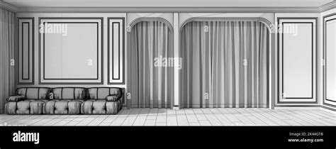 Blueprint unfinished project draft, panoramic view of classic living room with molded wall ...