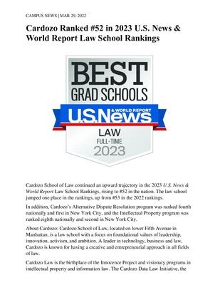 "Cardozo Ranked #52 in 2023 U.S. News & World Report Law School Ranking ...