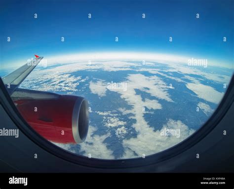 Airplane window view. Breathtaking sky. Peaceful sky. Blue sky. Airplane wing view. Airplane ...