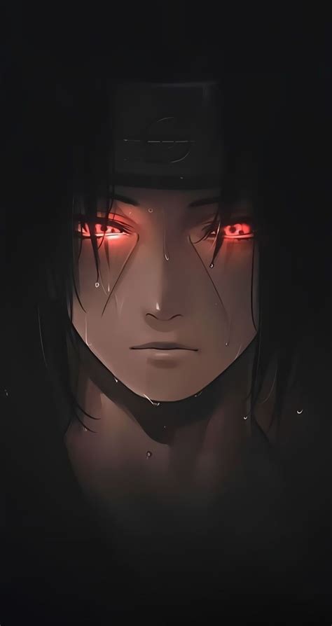 an anime character with red eyes in the dark