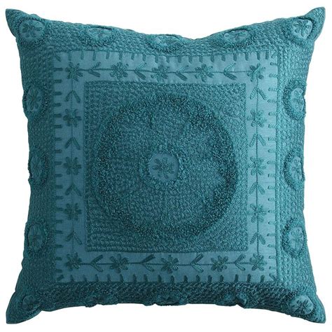 Turquoise throw pillow. The rich texture of crewel embroidery makes ...