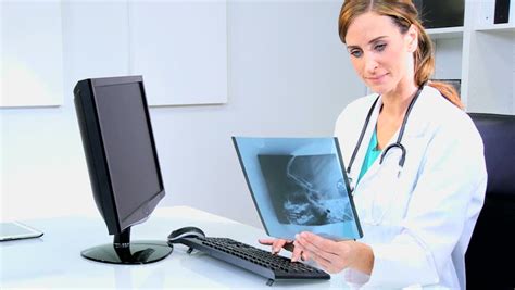 Female Caucasian Hospital Doctor Using Computer Monitor To Access Data ...