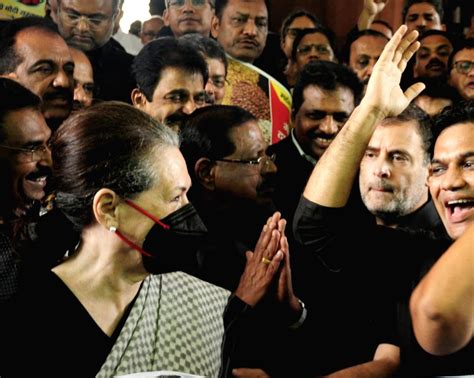 Congress' Sonia Gandhi and Rahul Gandhi during a protest at Parliament