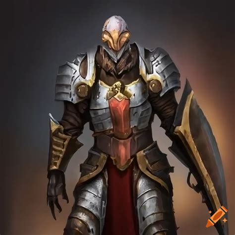 Illustration of a powerful warforged paladin with steel plate armor and shield on Craiyon