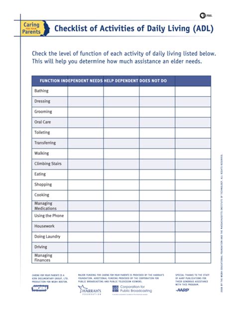 Checklist Of Activities Of Daily Living (Adl) - Pbs printable pdf download