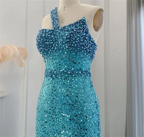 One Shoulder Turquoise Blue Sequin Embellished Evening Party Dress ...