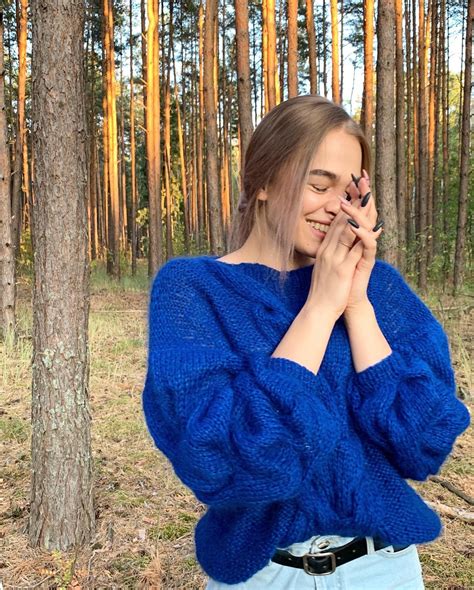 Women Cable Knit Sweater Blue Mohair Jumper Loose Knit | Etsy