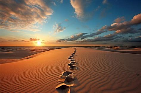 Premium AI Image | footprints in the sand at sunset