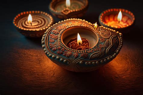 Happy diwali or deepavali traditional indian festival with clay diya oil lamp. Indian hindu ...